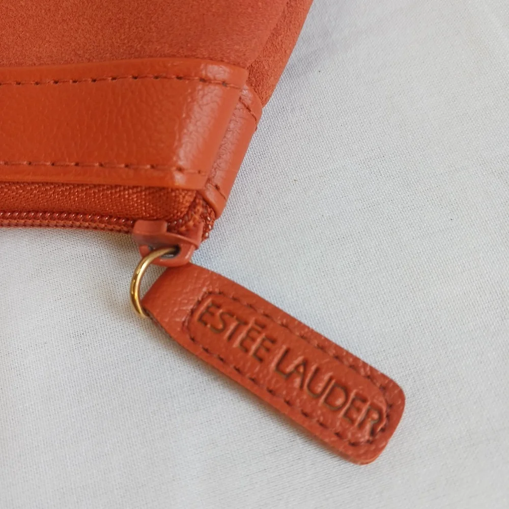 Estee Lauder Brown Tan Makeup Bag Gold Accents